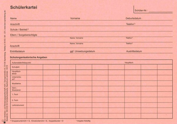 Sch&uuml;lerkarteikarte Musikschule, Karton, rosa