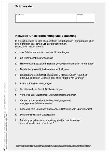 Blatt mit Hinweisen f&uuml;r die  Einrichtung und Benutzung der Sch&uuml;lerakte