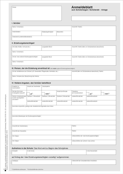 Anmeldeblatt zum Sch&uuml;lerbogen, DIN A4/2