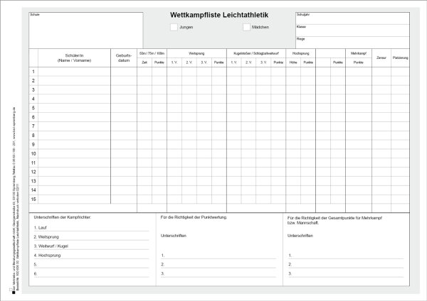 Wettkampfliste Leichtathletik, DIN A4 Querformat