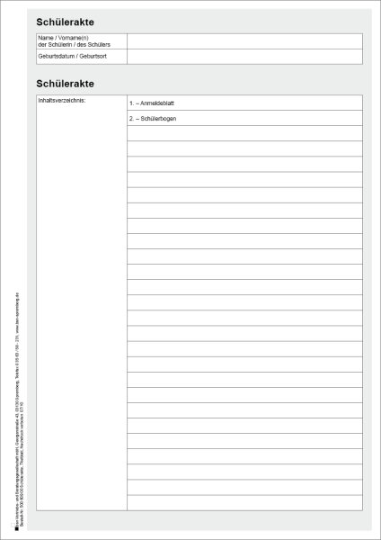 Sch&uuml;lerakte-Inhalts&uuml;bersicht, DIN A4