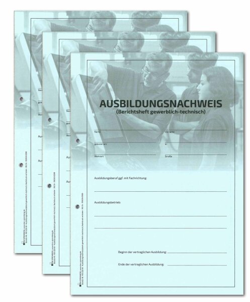 3er Pack Bl&ouml;cke f&uuml;r den Ausbildungsnachweis / Berichtshefte f&uuml;r 3 Jahre Berufsausbildung, t&auml;glicher Eintrag Mo-So, gewerblich-technische Ausbildung
