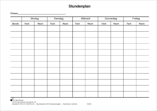 Klassenstundenplan Mo - Fr, mit Angaben: Fach, Raum, DIN A5 Querformat
