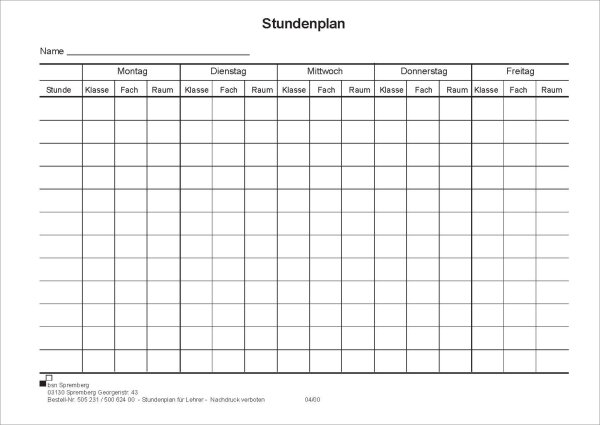 Stundenplan f&uuml;r Fachlehrer/in, Mo-Fr, mit Angaben: Klasse/Fach/Raum, DIN A5