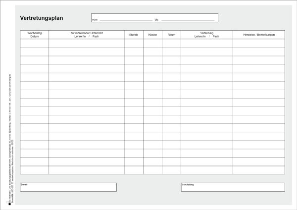 Vertretungsplan, DIN A4, quer, 3-fach-selbstdurchschreibend