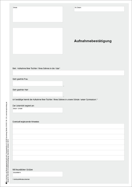 Aufnahmebest&auml;tigung f&uuml;r Sch&uuml;ler/innen bei Schulwechsel