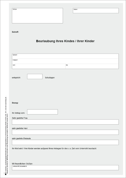 Urlaubsantrag f&uuml;r Sch&uuml;ler/innen, Beurlaubung Ihres Kindes / Ihrer Kinder, selbstdurchschreibend