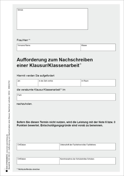 Aufforderung zum Nachschreiben einer Klausur/Klassenarbeit, DIN A5