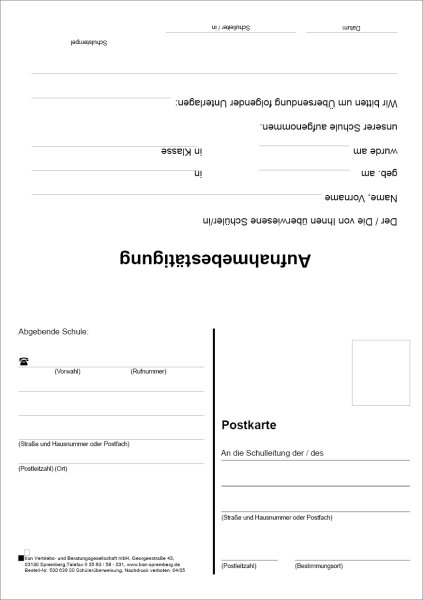 Klappkarte Sch&uuml;ler&uuml;berweisung / Aufnahmebest&auml;tigung