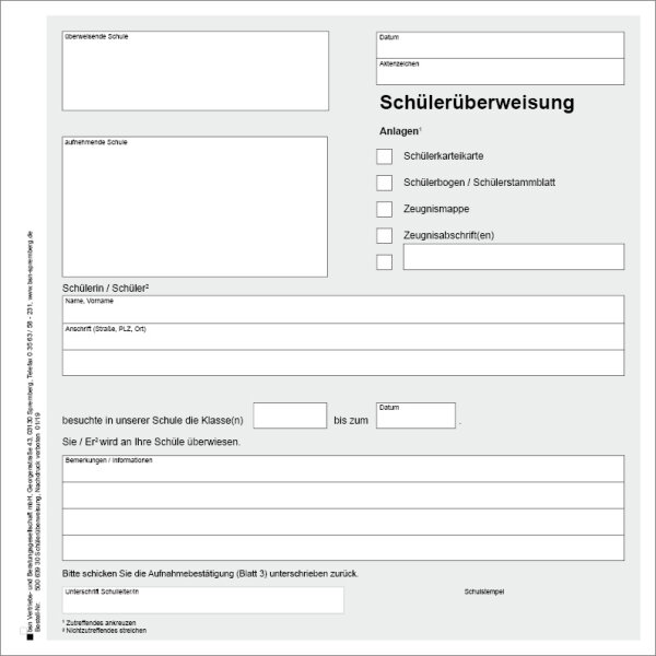 Sch&uuml;ler&uuml;berweisung / Aufnahmebest&auml;tigung 3-fach selbstdurchschreibend
