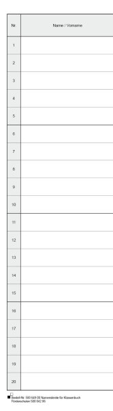 Namensleiste f&uuml;r das Klassenbuch der F&ouml;rderschule, 20 Sch&uuml;ler/innen