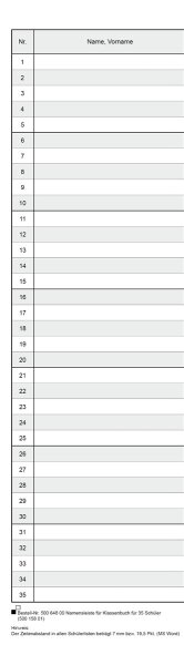 Namensleiste f&uuml;r Klassenbuch mit 35 Sch&uuml;ler/innen