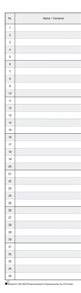 Namensleiste f&uuml;r Klassenbuch mit 35 Sch&uuml;ler/innen
