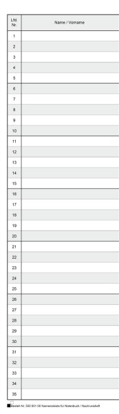 Namensleiste f&uuml;r Notenb&uuml;cher und Nachweishefte mit 35 Sch&uuml;ler/innen