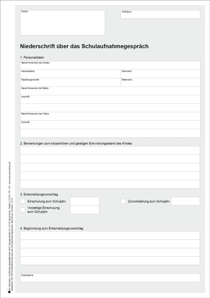Niederschrift &uuml;ber das Schulaufnahmegespr&auml;ch, DIN A4