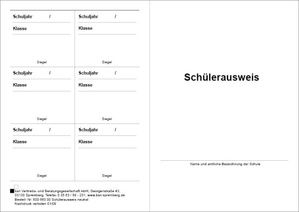 Sch&uuml;lerausweis wei&szlig;, neutral ohne Wappen, deutsche Sprache, Karton, DIN A6