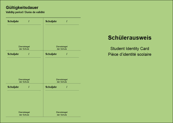 Sch&uuml;lerausweis gr&uuml;n, ohne Wappen, mehrsprachig, Karton