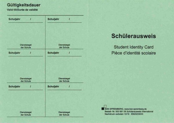 Sch&uuml;lerausweis blau, ohne Wappen, mehrsprachig, Karton