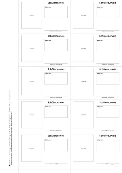 Druckbogen f&uuml;r 10 Sch&uuml;lerausweise im Scheckkartenformat