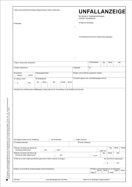 Unfallanzeige f&uuml;r Kinder in Tageseinrichtungen, Sch&uuml;ler/innen und Studierende