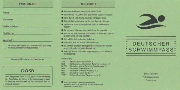 50er PACK Deutscher Schwimmpass mit Eindruck des DOSB Sportabzeichens, gr&uuml;n