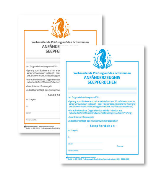 Vorbereitende Pr&uuml;fung auf das Schwimmen, Anf&auml;ngerzeugnis Seepferdchen, blau oder orange/schwarz