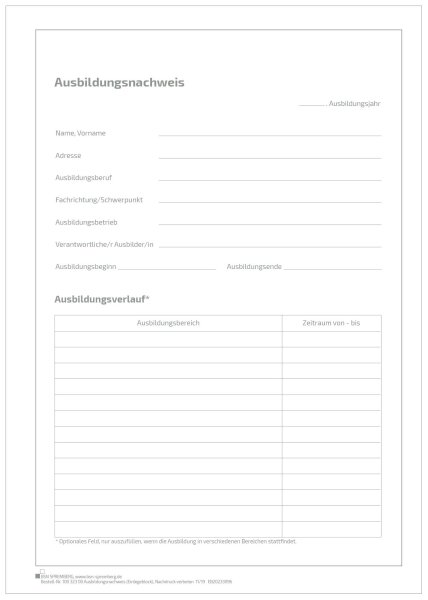 Block f&uuml;r den Ausbildungsnachweis / Berichtsheft f&uuml;r 1 Jahr handwerkliche Berufsausbildung, t&auml;glicher Eintrag (Mo-Sa)