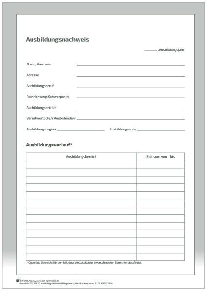 Block f&uuml;r den Ausbildungsnachweis / Berichtsheft f&uuml;r 1 Halbjahr  handwerkliche Berufsausbildung, t&auml;glicher Eintrag (Mo-Sa), mit w&ouml;chentlichem Bericht