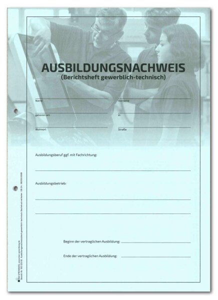 Block f&uuml;r den Ausbildungsnachweis / Berichtsheft f&uuml;r 1 Jahr gewerblich-technische Berufsausbildung, t&auml;glicher Eintrag Mo-So